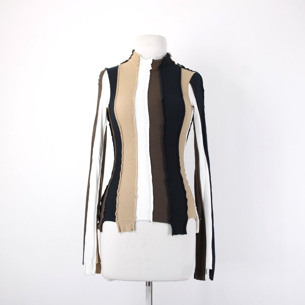 Interior Top Sz S Brown White Tan Color Block Collared 100% Cotton Top